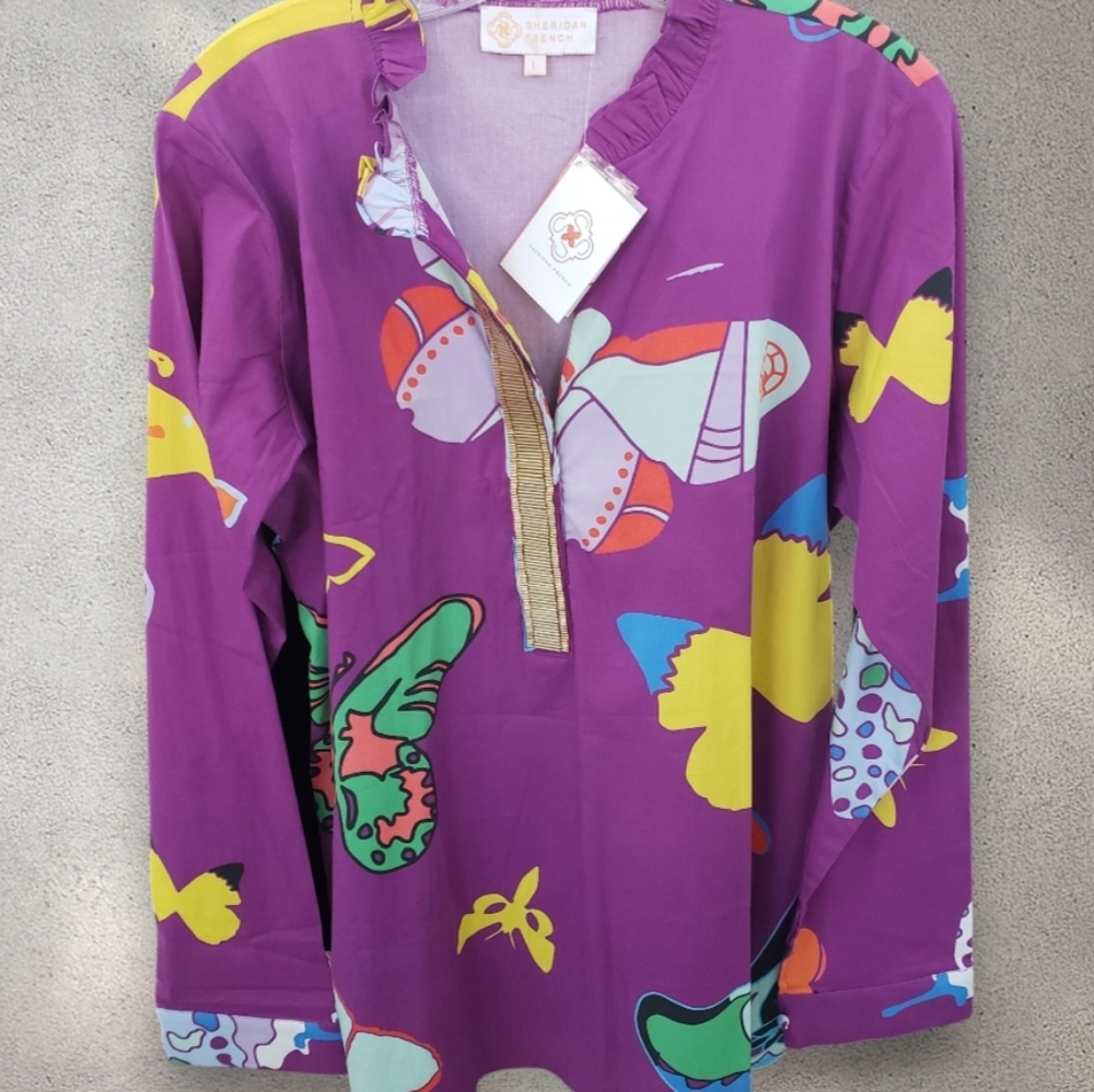 NWT- Sheridan French- Matilda Blouse In Purple Butterflies